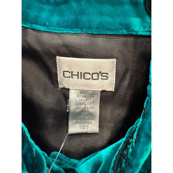Chico's Velvet Embroidered Button Down Teal Jacket Blouse Top Elegant - Picture 4 of 8